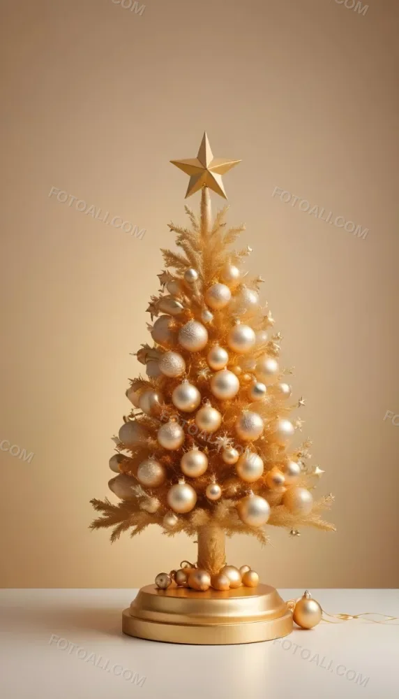 A Golden Christmas Tree With Ornaments And Stars Against A Light Background 7 4d3f