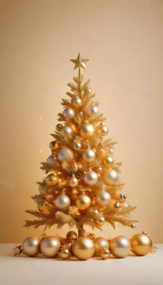 A Golden Christmas Tree With Ornaments And Stars Against A Light Background 8 5f08