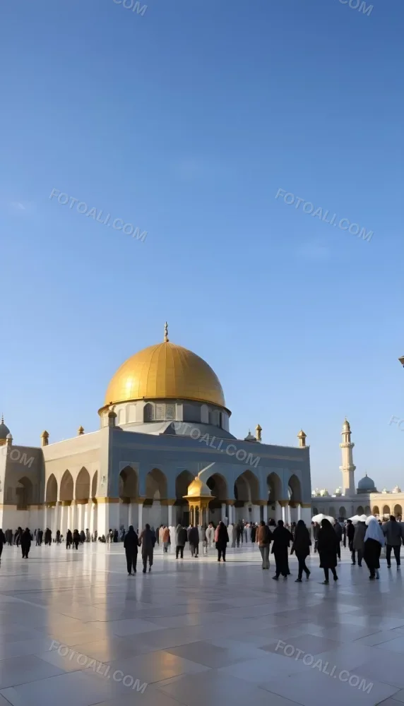 A Golden Domed Mosque With People Walking Around It In A Sunny Day 10 5876