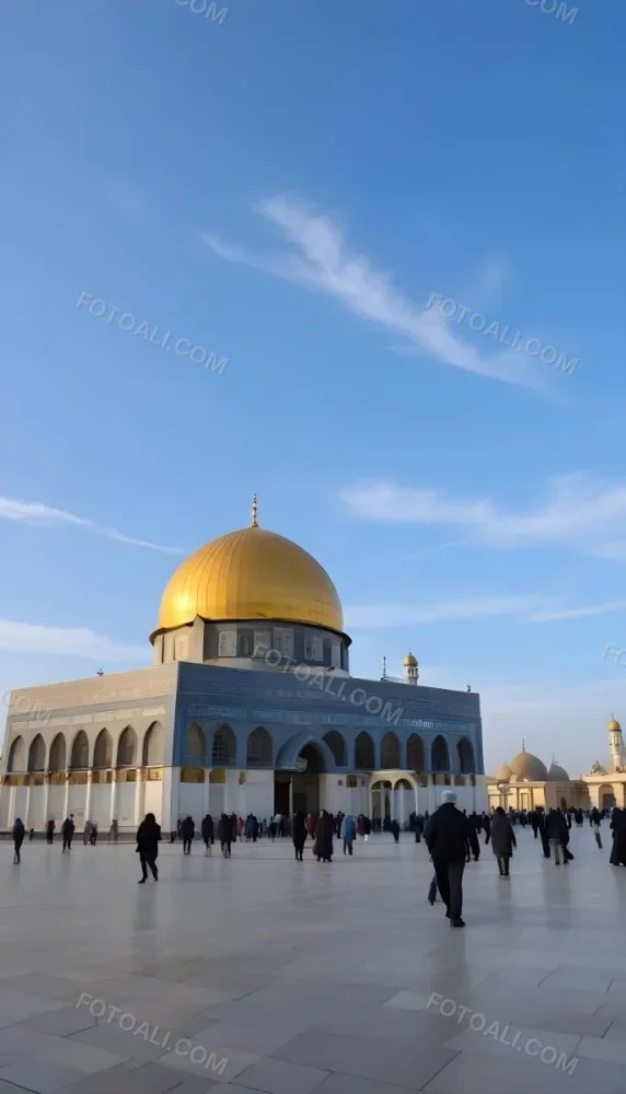A Golden Domed Mosque With People Walking Around It In A Sunny Day 13 2517