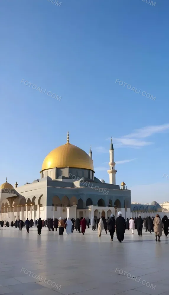 A Golden Domed Mosque With People Walking Around It In A Sunny Day 15 3e3d