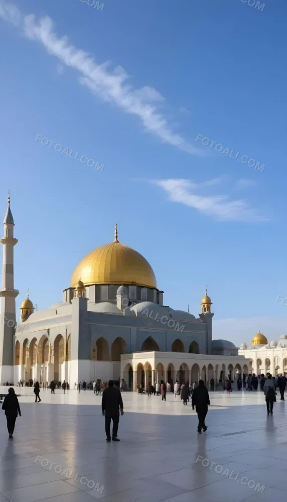 A Golden Domed Mosque With People Walking Around It In A Sunny Day 16 369a