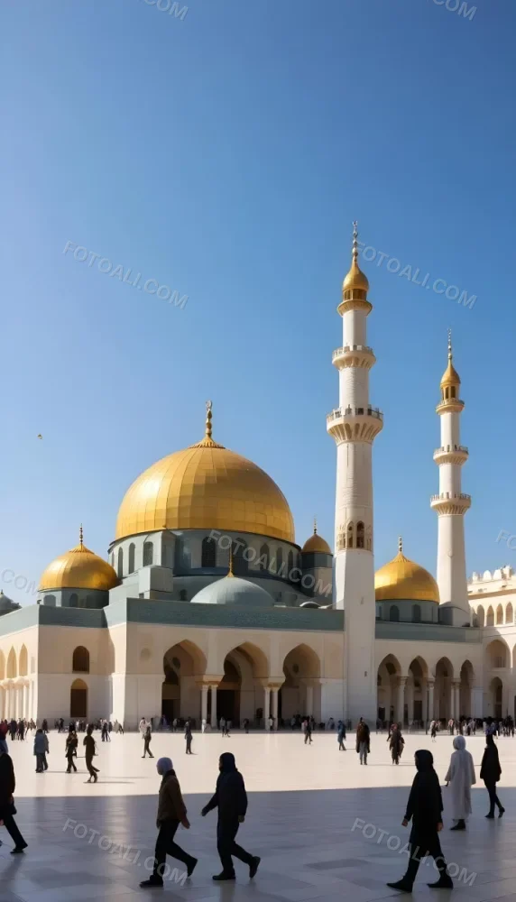 A Golden Domed Mosque With People Walking Around It In A Sunny Day 2 Bb0b