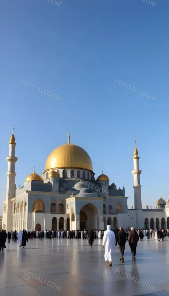 A Golden Domed Mosque With People Walking Around It In A Sunny Day 3 D1f9