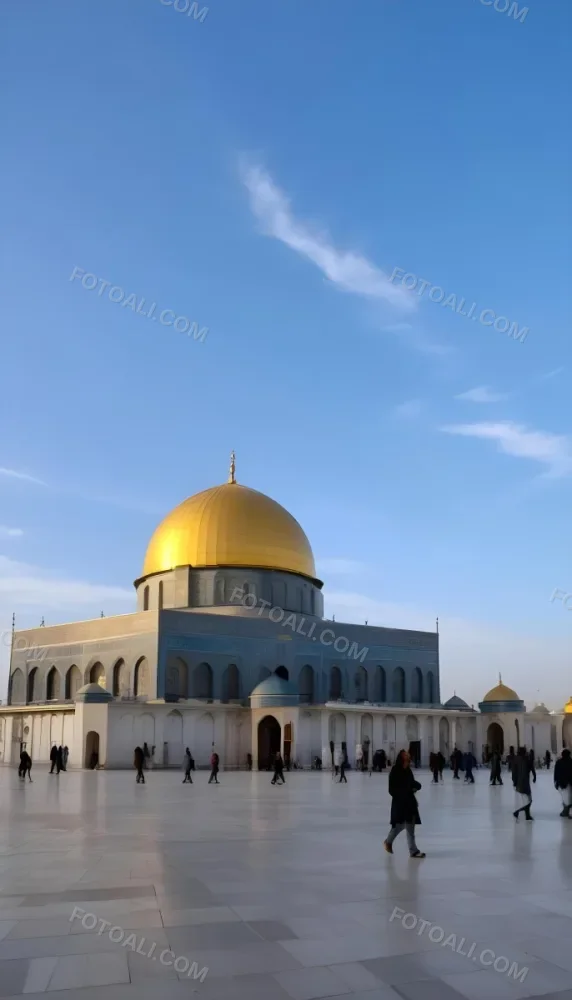A Golden Domed Mosque With People Walking Around It In A Sunny Day 9 Db87