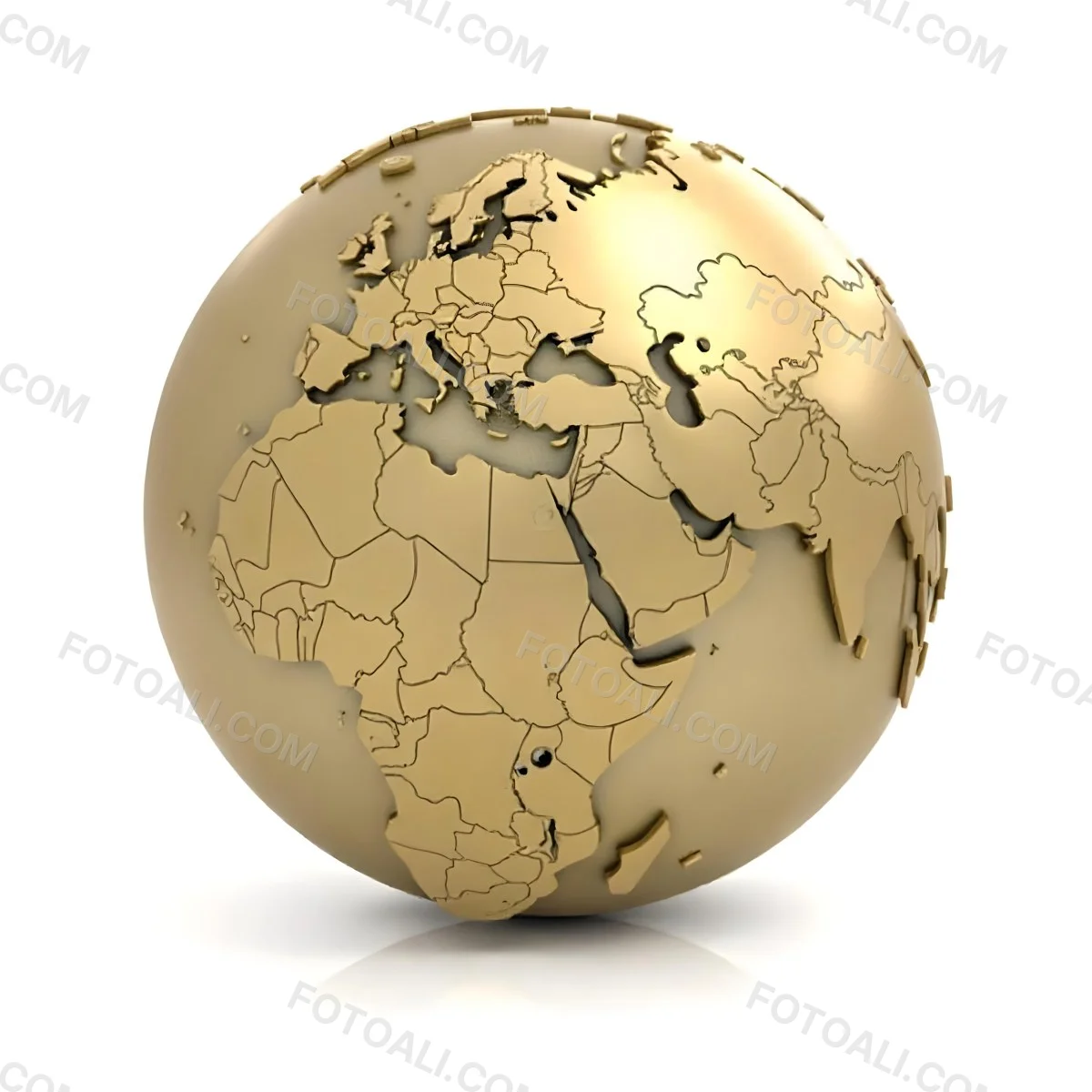 A Golden Globe With The Continents Of Europe Africa And Asia On A White Background With A Reflection On The Floor 14 D512
