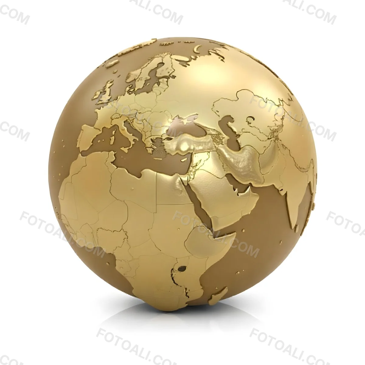 A Golden Globe With The Continents Of Europe Africa And Asia On A White Background With A Reflection On The Floor 15 Ff06