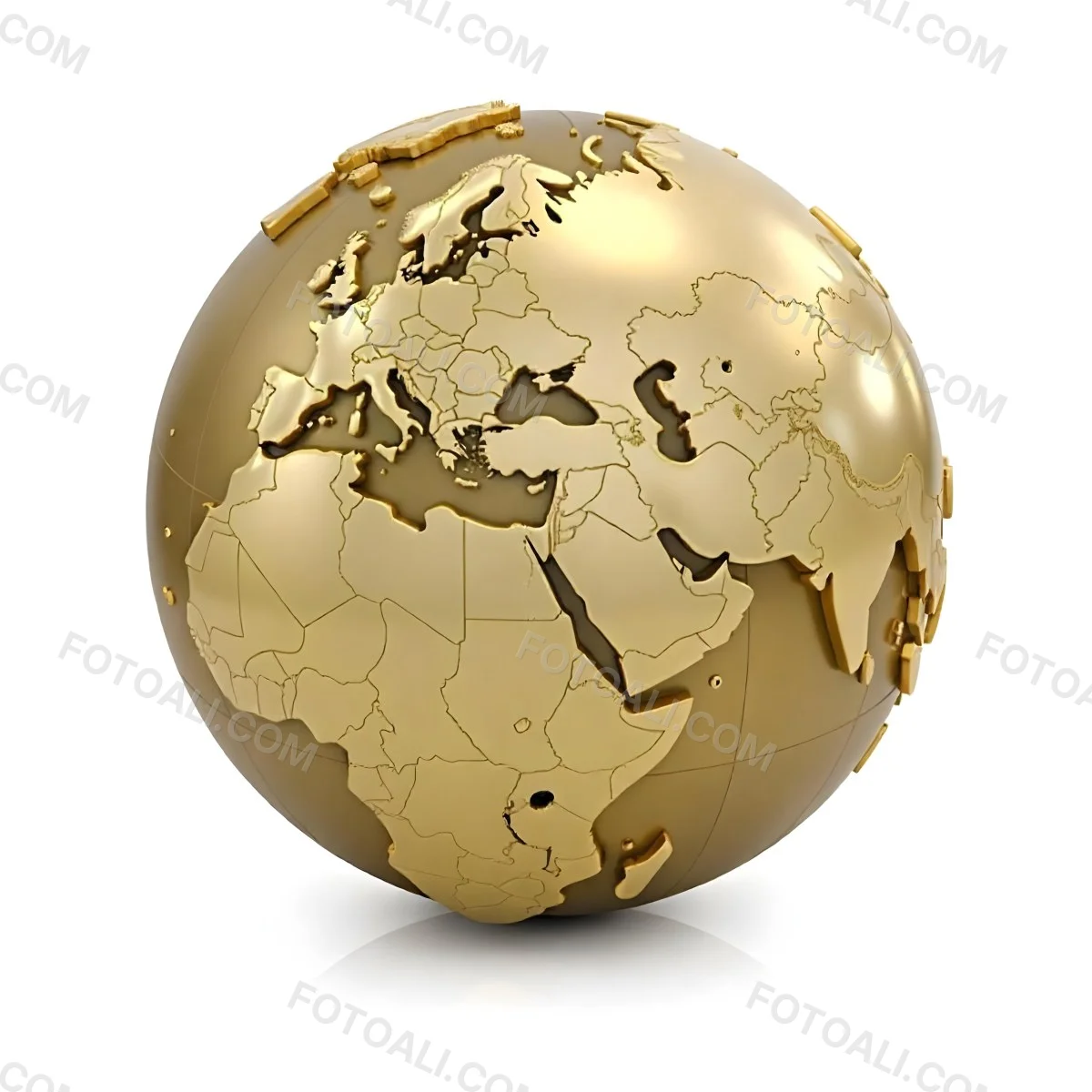 A Golden Globe With The Continents Of Europe Africa And Asia On A White Background With A Reflection On The Floor 19 3c07
