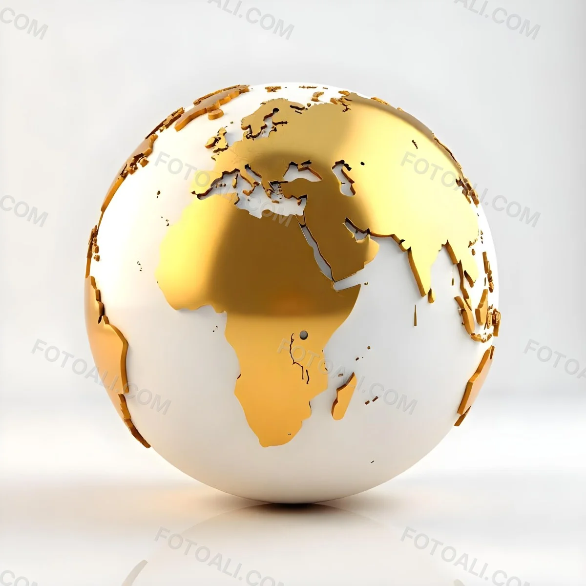 A Golden Globe With The Continents Of Europe Africa And Asia On A White Background With A Reflection On The Floor 4 B1e0