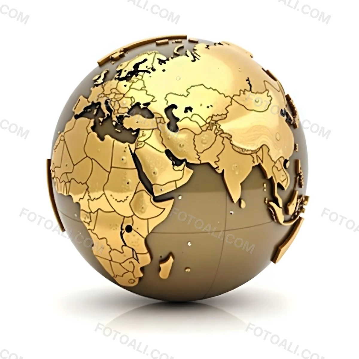 A Golden Globe With The Continents Of Europe Africa And Asia On A White Background With A Reflection On The Floor 6 B277