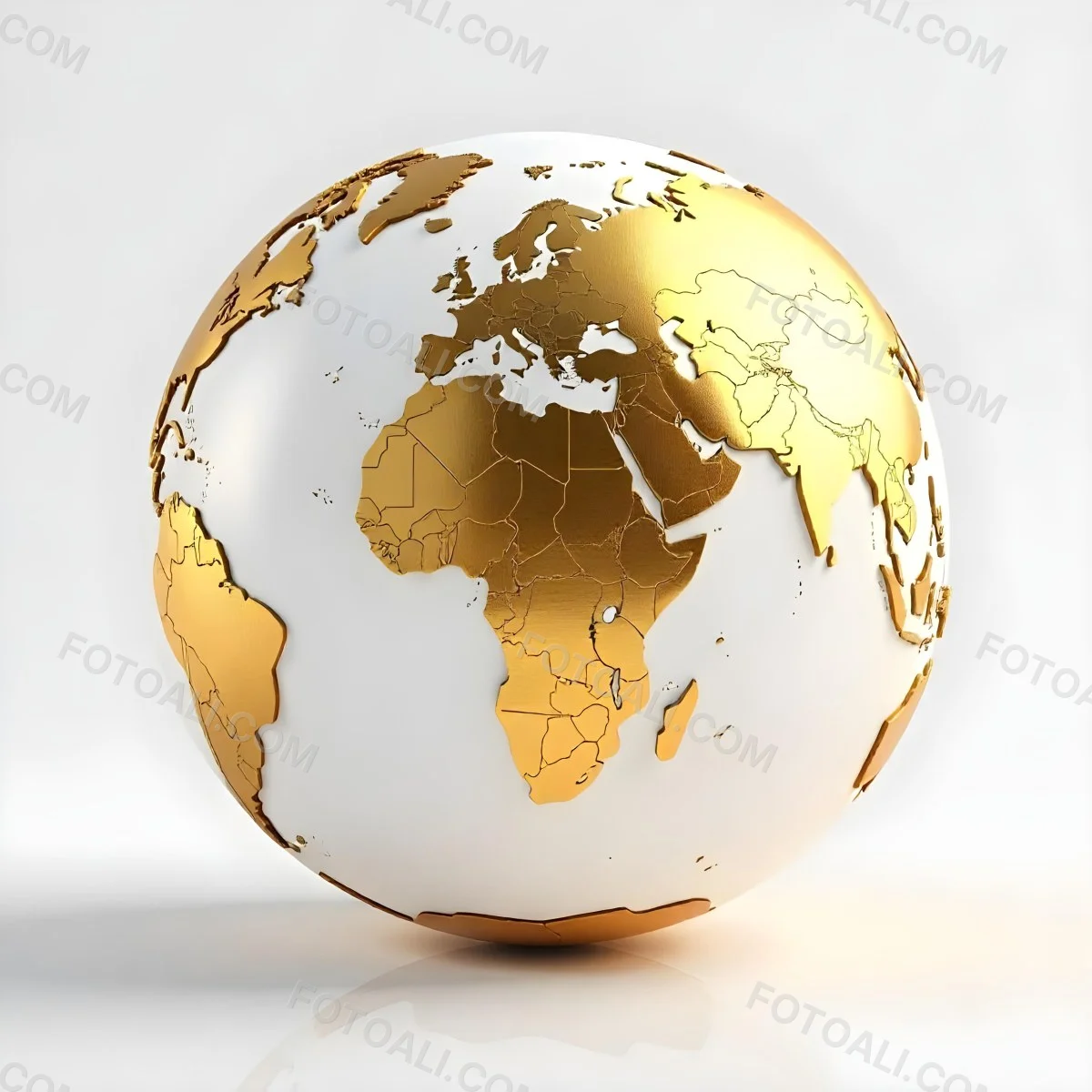 A Golden Globe With The Continents Of Europe Africa And Asia On A White Background With A Reflection On The Floor 7 C08e