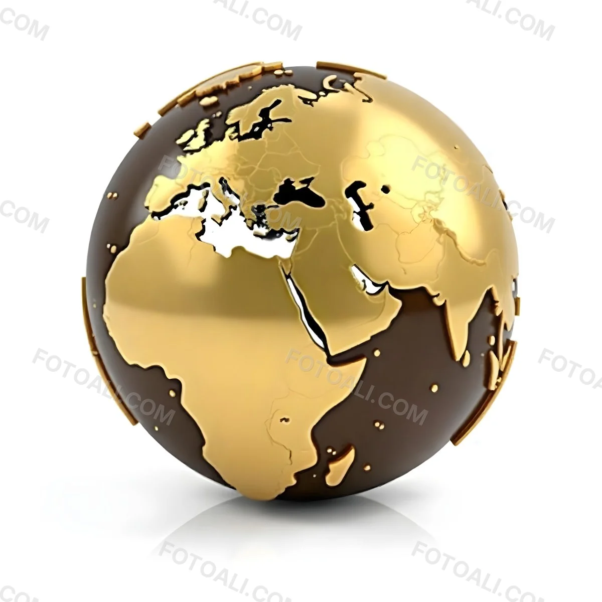 A Golden Globe With The Continents Of Europe Africa And Asia On A White Background With A Reflection On The Floor 9 6a2f