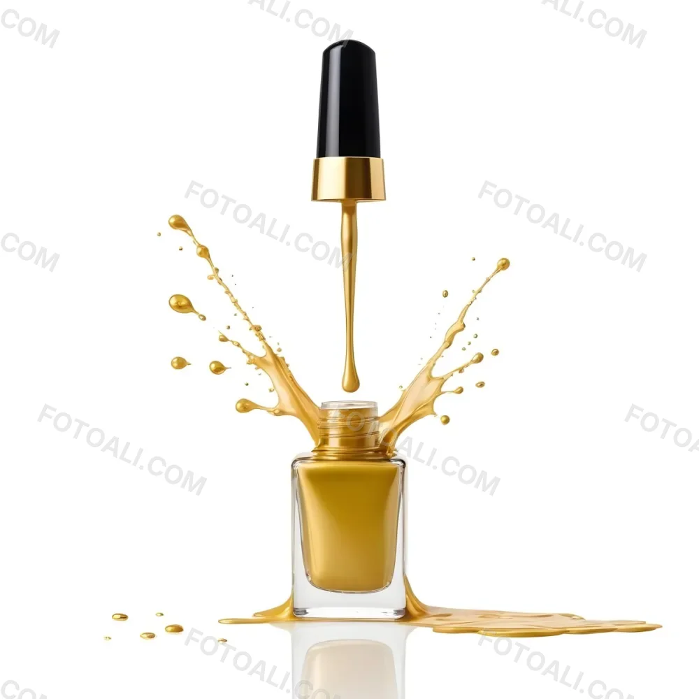 A Golden Nail Polish Bottle With A Drop Falling Into It And The Brush Above It On A White Background 11 78e3