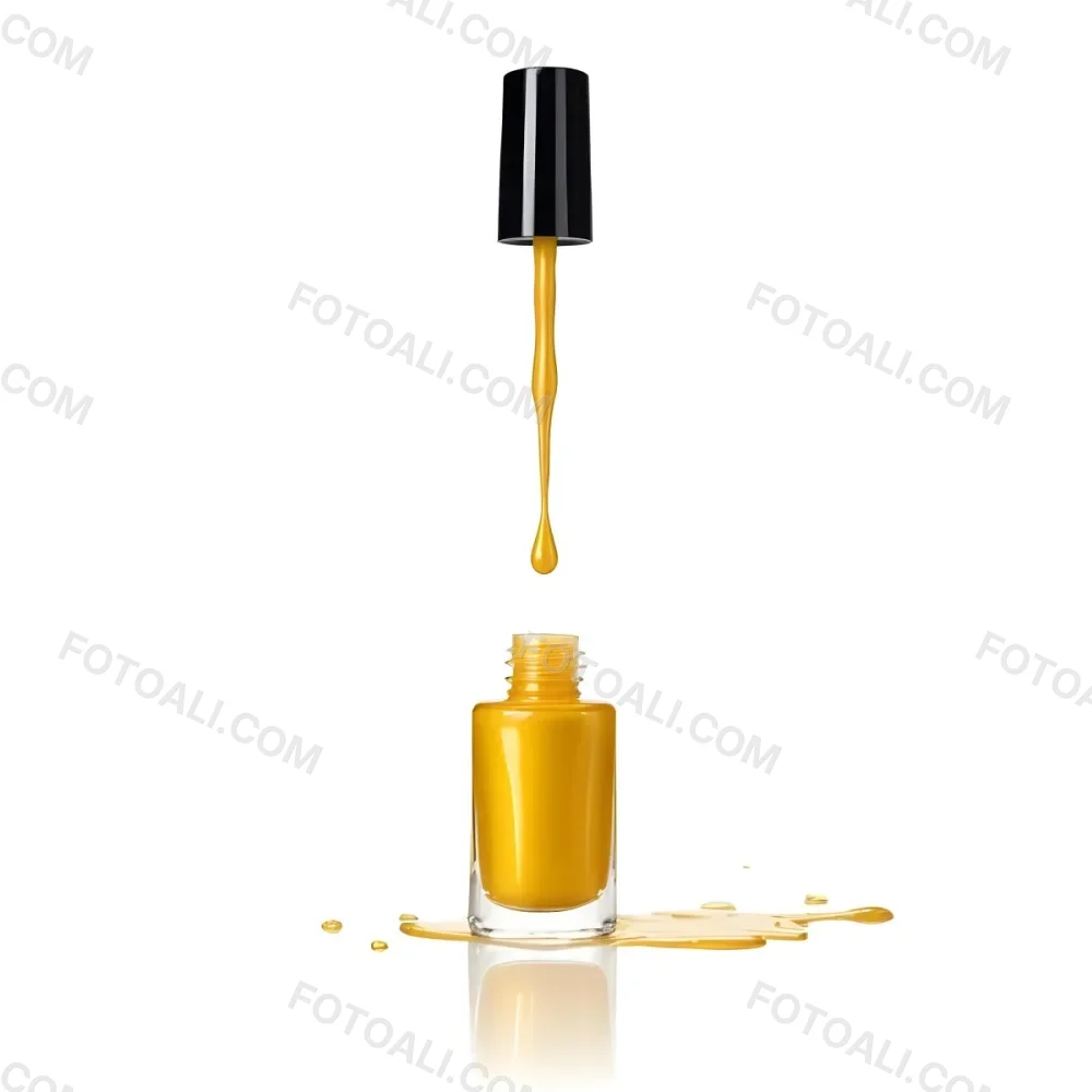 A Golden Nail Polish Bottle With A Drop Falling Into It And The Brush Above It On A White Background 16 957b