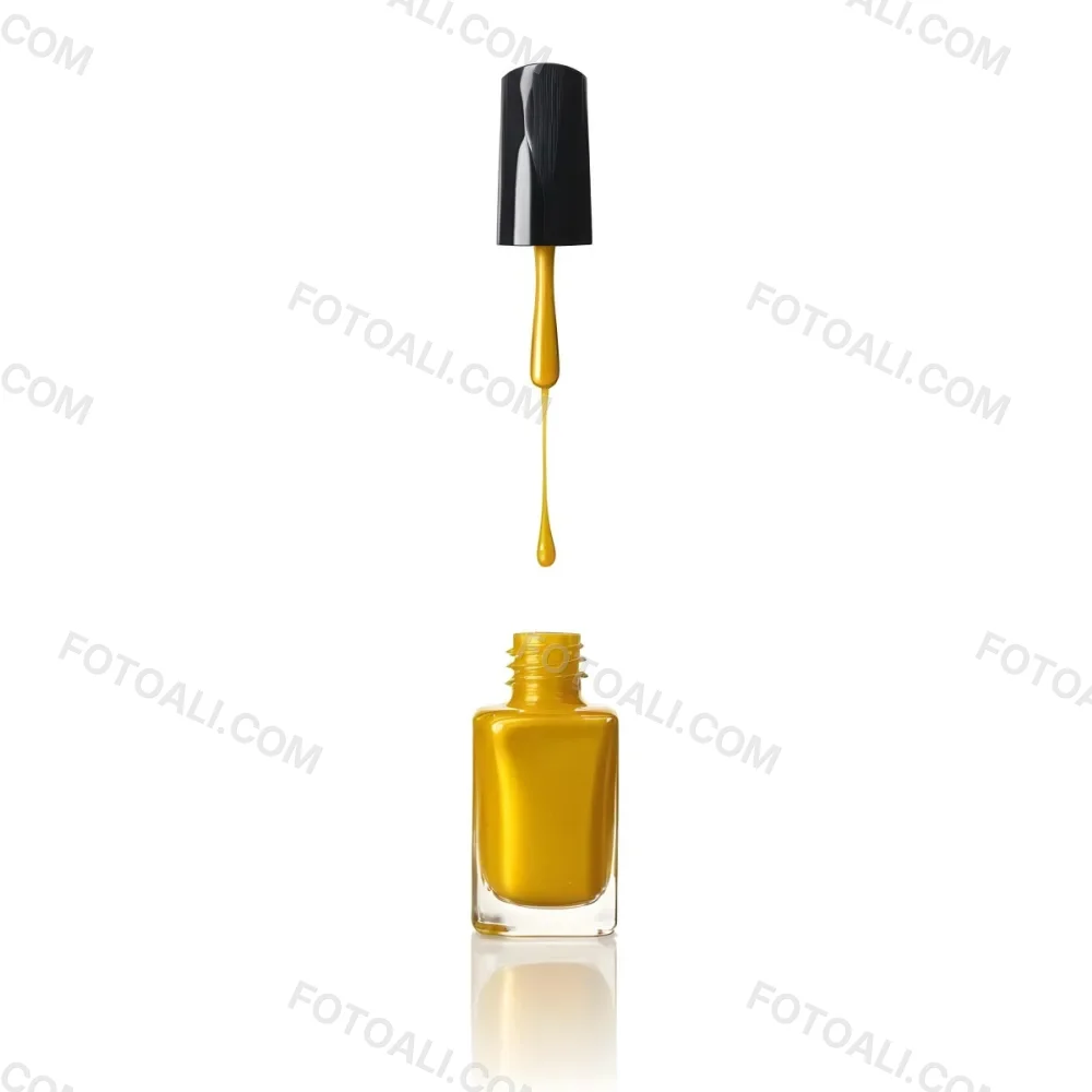 A Golden Nail Polish Bottle With A Drop Falling Into It And The Brush Above It On A White Background 18 Bf31