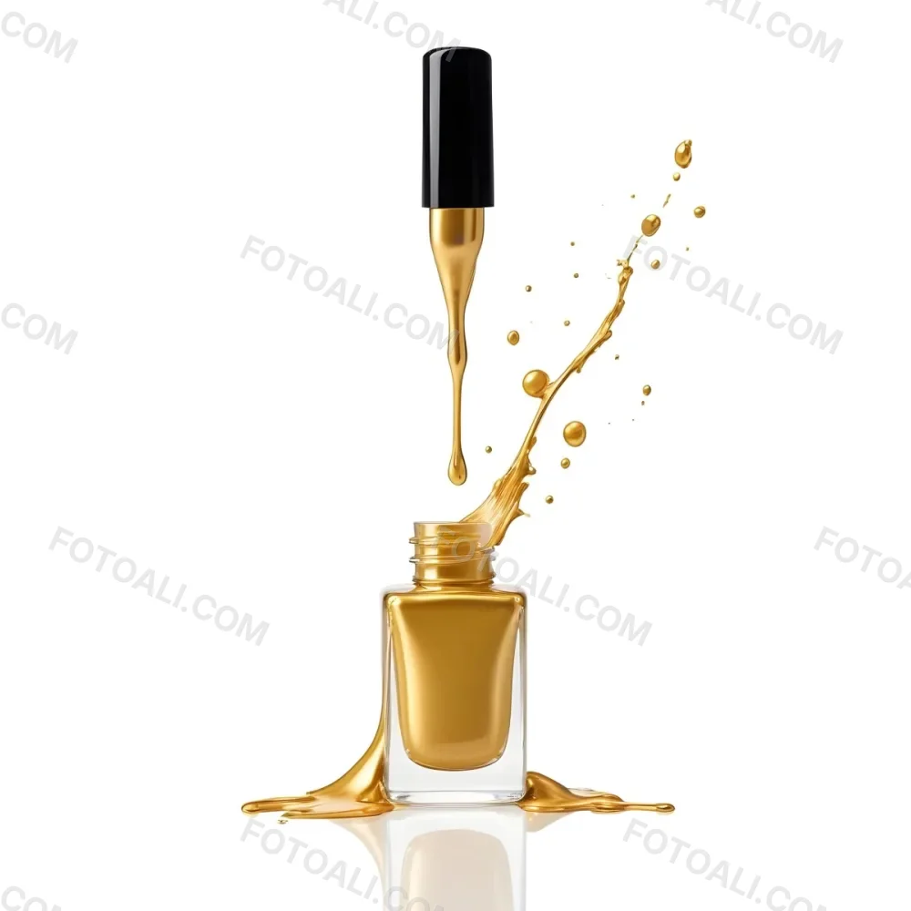 A Golden Nail Polish Bottle With A Drop Falling Into It And The Brush Above It On A White Background 19 658b