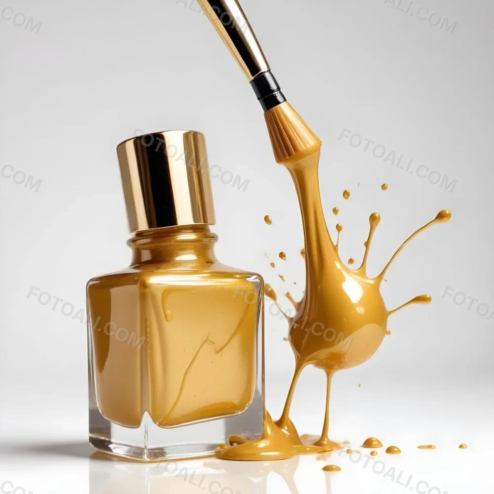 A Golden Nail Polish Bottle With A Drop Falling Into It And The Brush Above It On A White Background 23 3a70