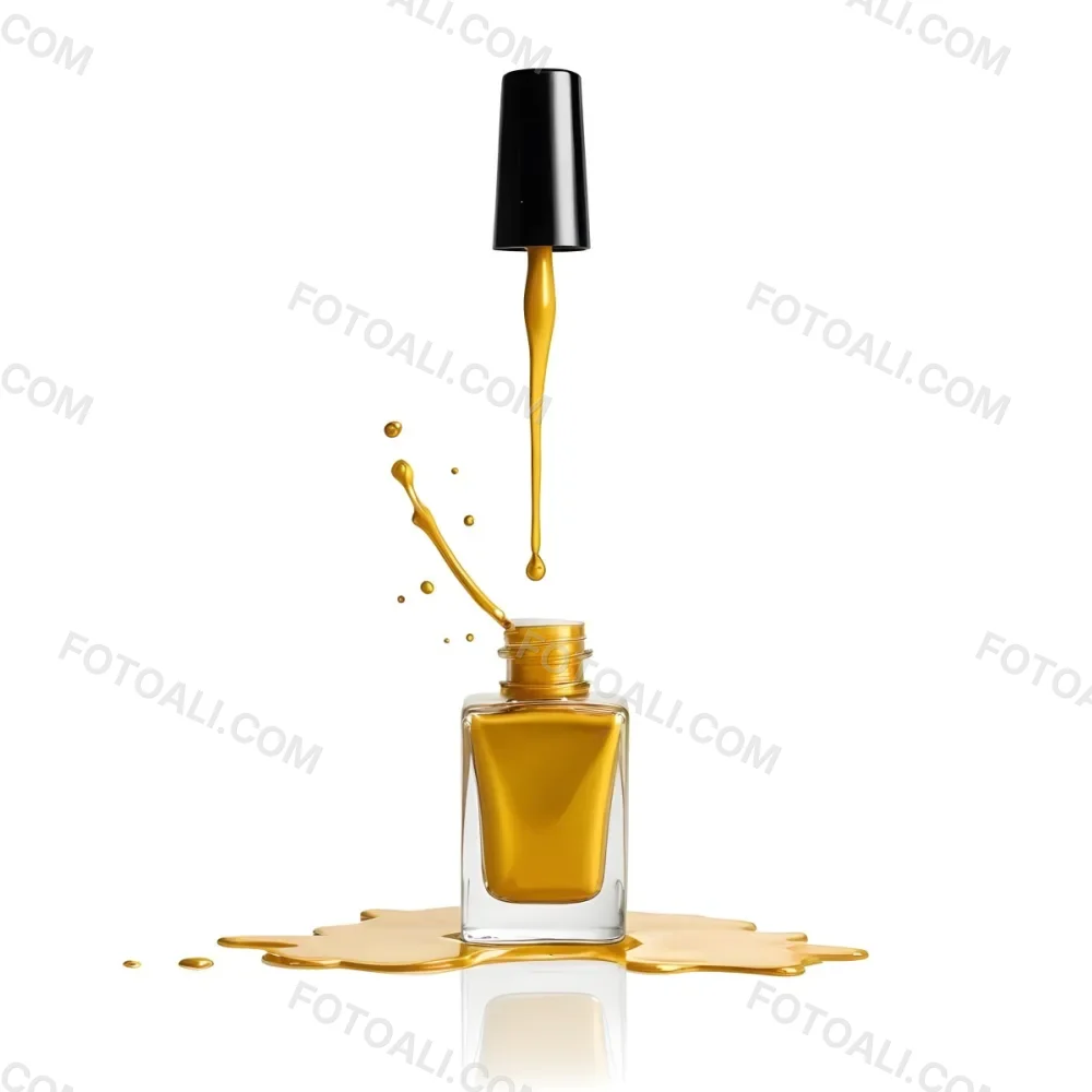 A Golden Nail Polish Bottle With A Drop Falling Into It And The Brush Above It On A White Background 24 512d