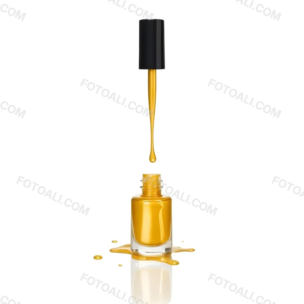 A Golden Nail Polish Bottle With A Drop Falling Into It And The Brush Above It On A White Background 26 56d9