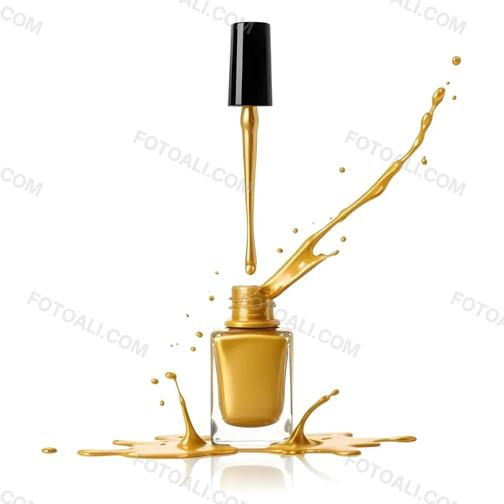 A Golden Nail Polish Bottle With A Drop Falling Into It And The Brush Above It On A White Background 27 F6de