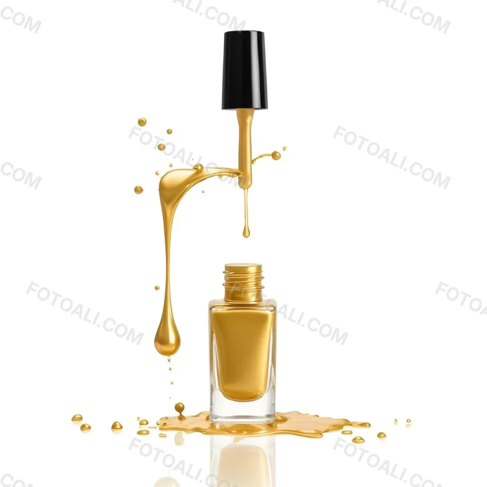 A Golden Nail Polish Bottle With A Drop Falling Into It And The Brush Above It On A White Background 30 6bfd