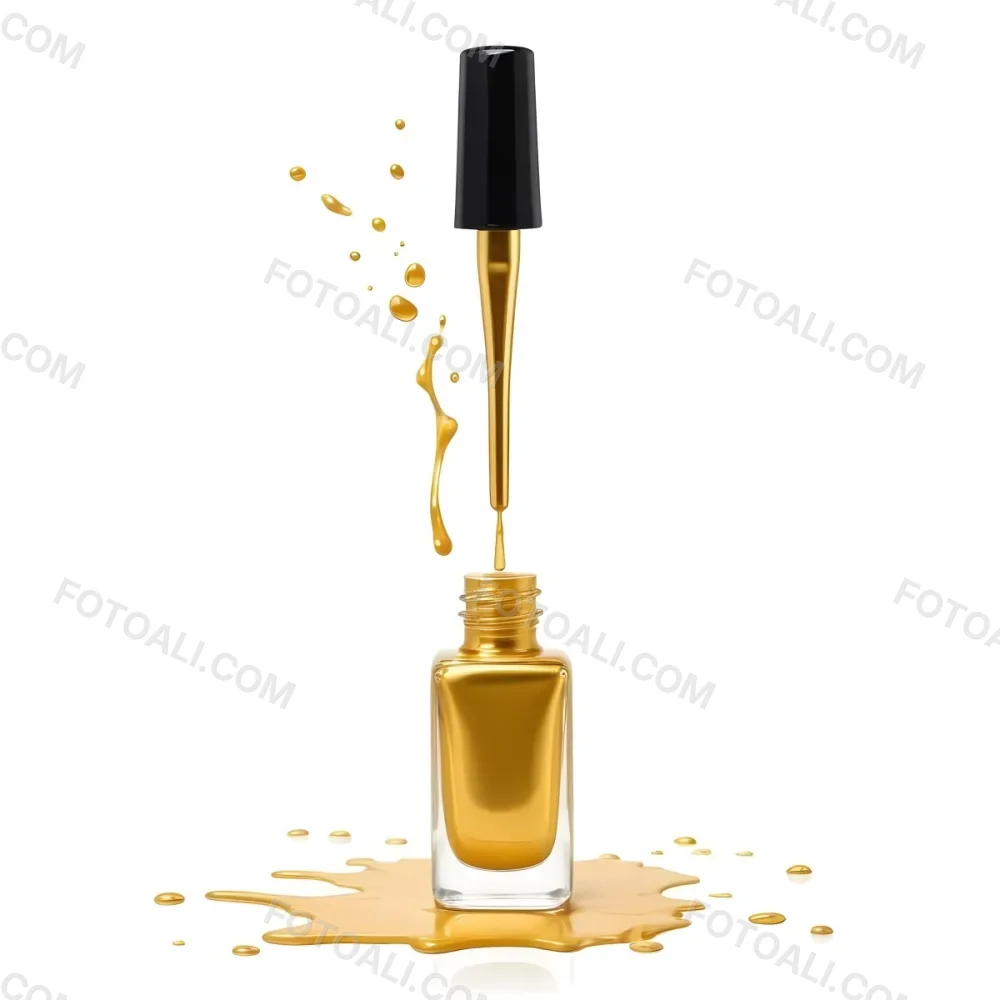 A Golden Nail Polish Bottle With A Drop Falling Into It And The Brush Above It On A White Background 36 1d69