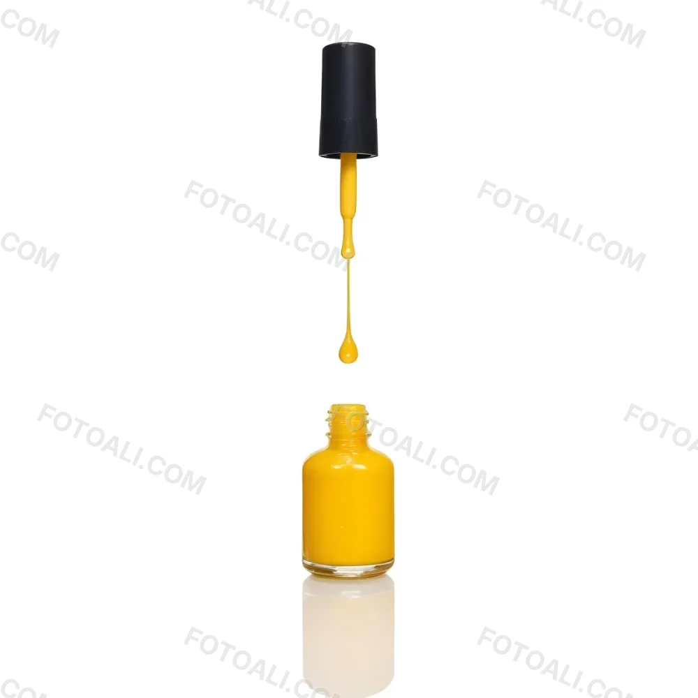 A Golden Nail Polish Bottle With A Drop Falling Into It And The Brush Above It On A White Background 37 Dd45