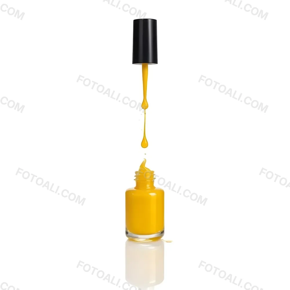A Golden Nail Polish Bottle With A Drop Falling Into It And The Brush Above It On A White Background 41 2d55