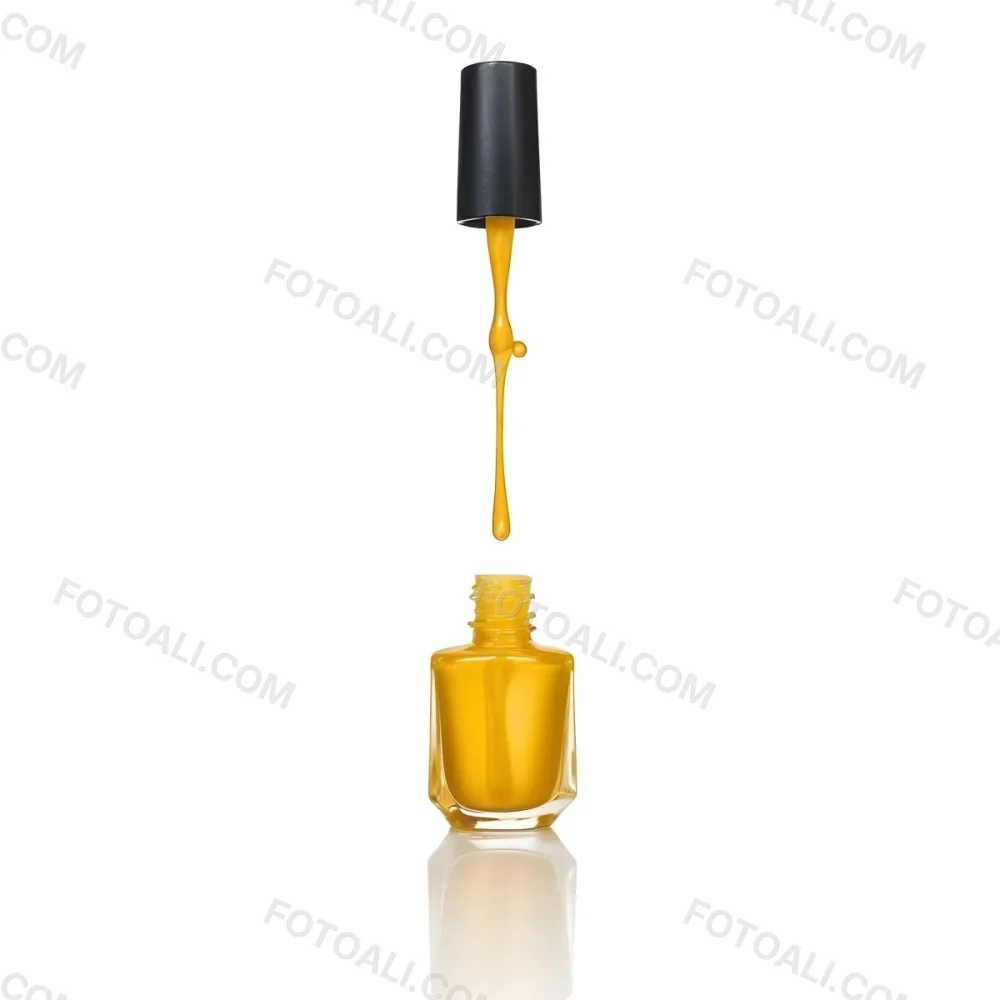 A Golden Nail Polish Bottle With A Drop Falling Into It And The Brush Above It On A White Background 50 1290