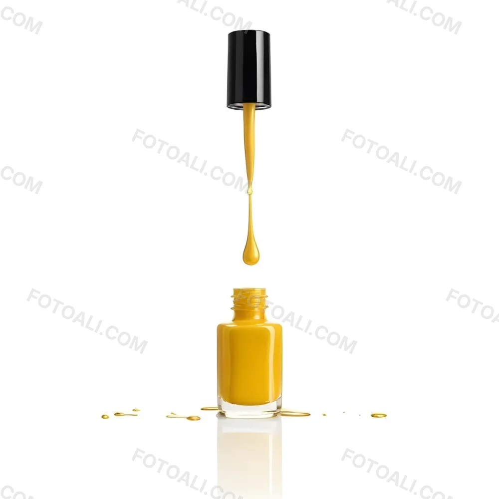 A Golden Nail Polish Bottle With A Drop Falling Into It And The Brush Above It On A White Background 51 D1cf