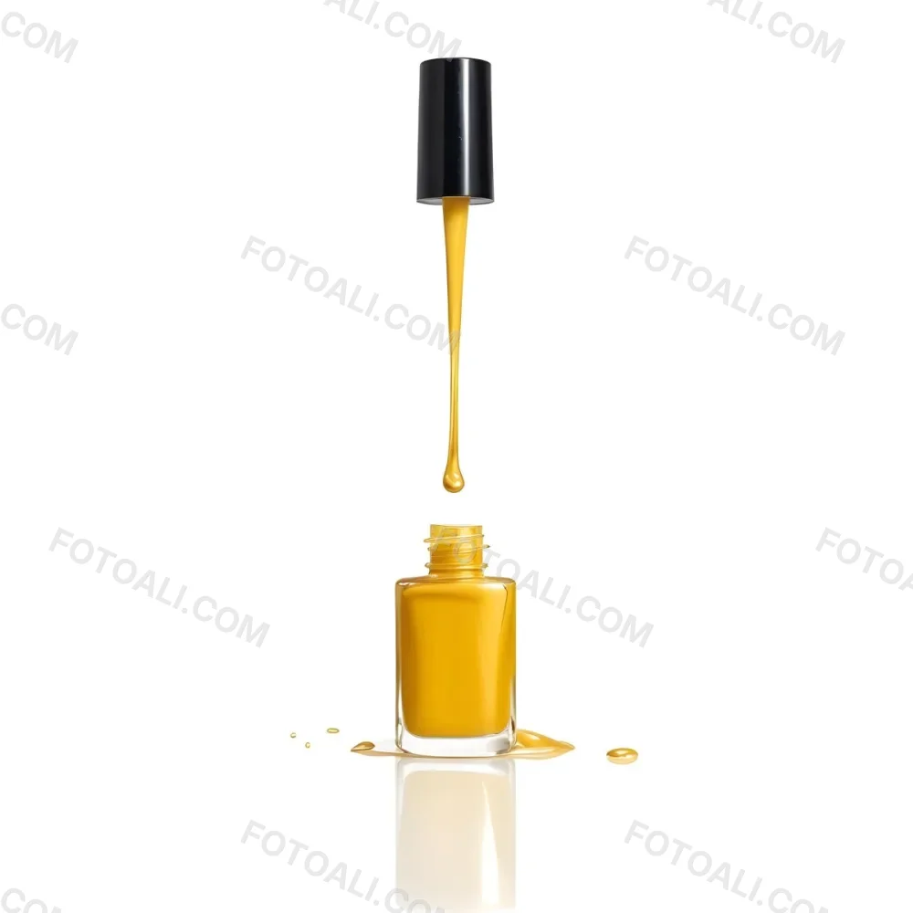 A Golden Nail Polish Bottle With A Drop Falling Into It And The Brush Above It On A White Background 6 9296
