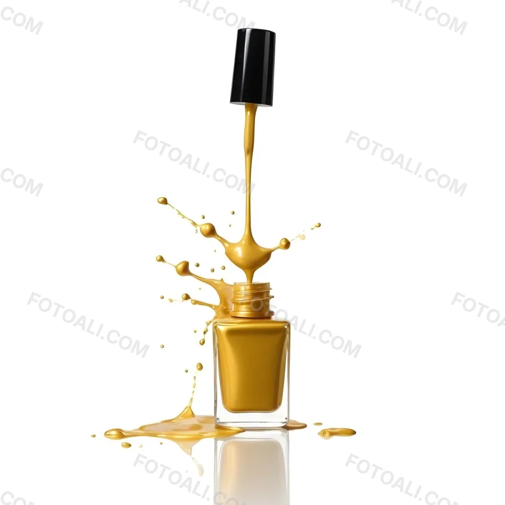 A Golden Nail Polish Bottle With A Drop Falling Into It And The Brush Above It On A White Background 7 37cc
