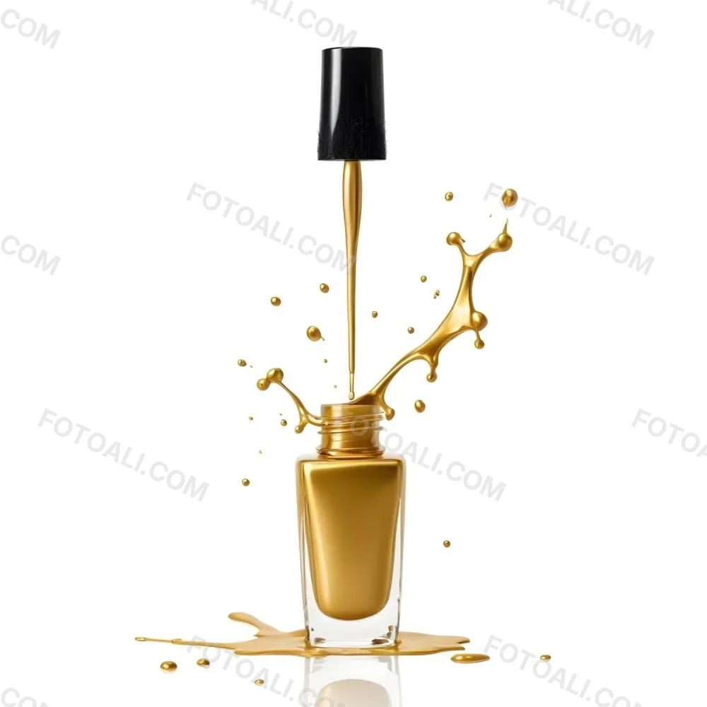 A Golden Nail Polish Bottle With A Drop Falling Into It And The Brush Above It On A White Background 8 B532