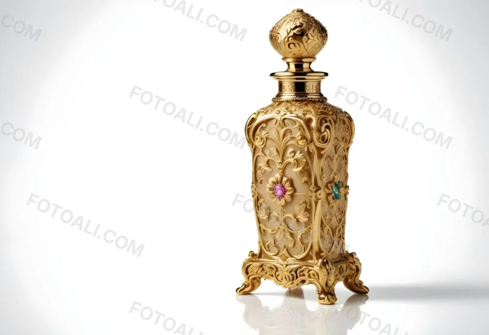 A Golden Ornate Perfume Bottle With An Intricate Floral Pattern 10 595b