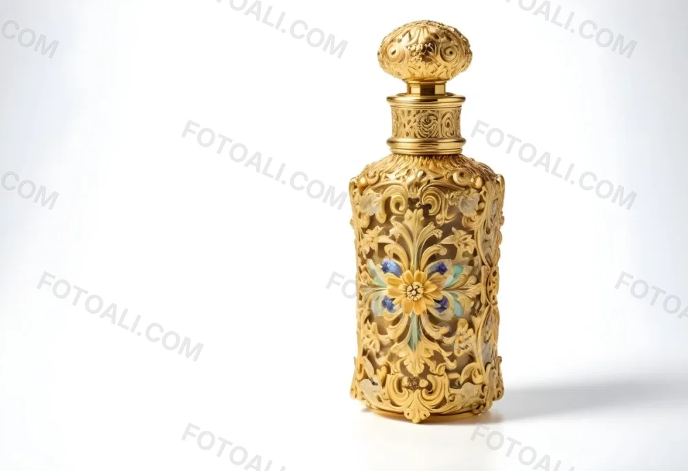 A Golden Ornate Perfume Bottle With An Intricate Floral Pattern 14 F854