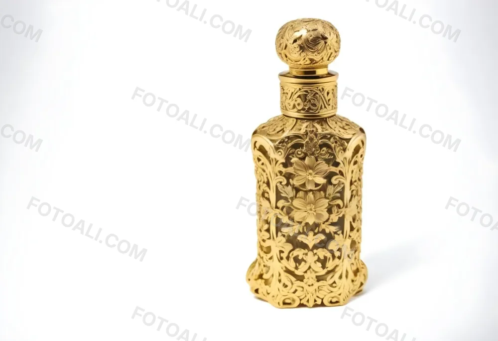 A Golden Ornate Perfume Bottle With An Intricate Floral Pattern 16 4780