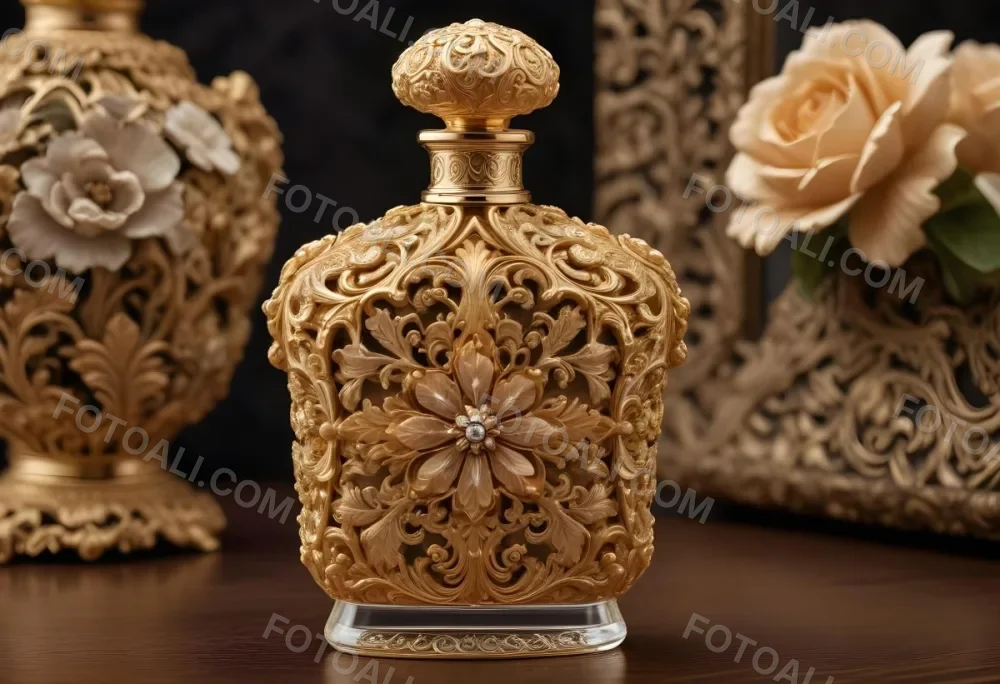 A Golden Ornate Perfume Bottle With An Intricate Floral Pattern 2 0eca