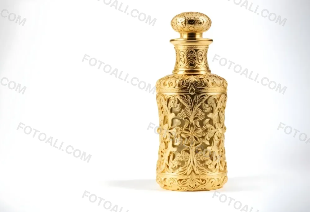 A Golden Ornate Perfume Bottle With An Intricate Floral Pattern 23 4bef