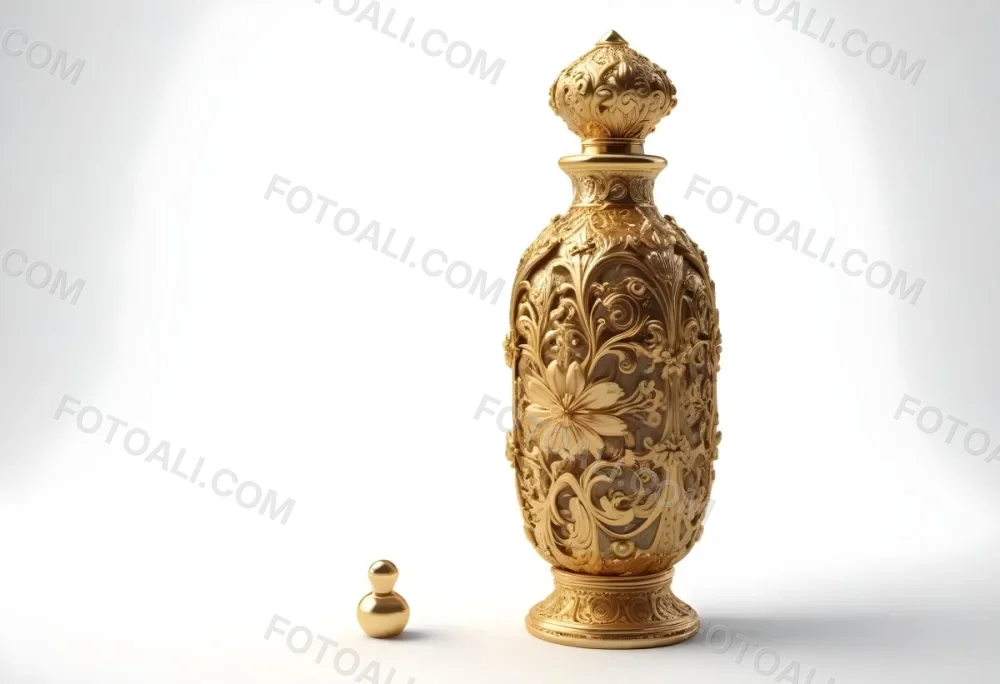 A Golden Ornate Perfume Bottle With An Intricate Floral Pattern 49 A81b