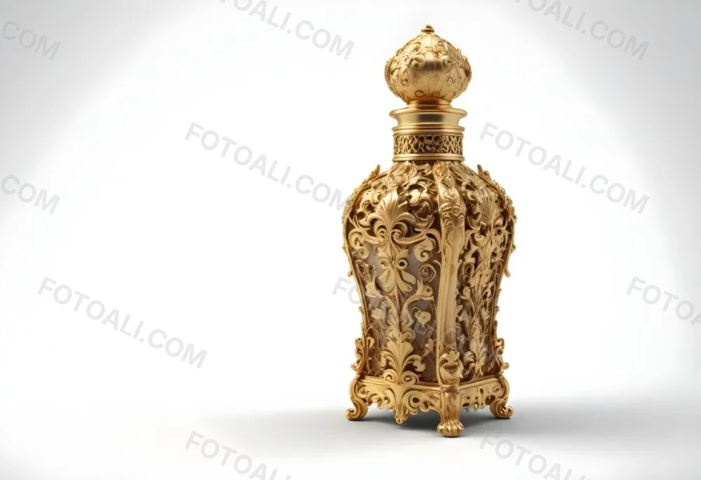 A Golden Ornate Perfume Bottle With An Intricate Floral Pattern 54 E518