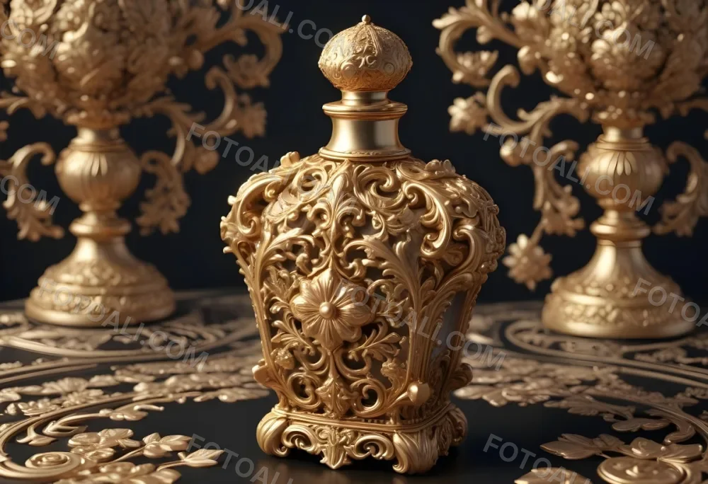 A Golden Ornate Perfume Bottle With An Intricate Floral Pattern 58 7e29