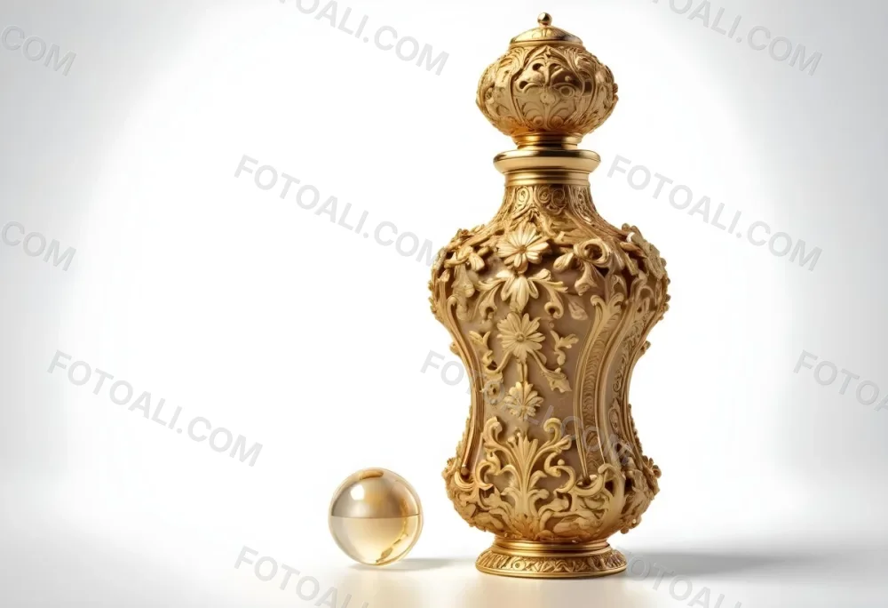 A Golden Ornate Perfume Bottle With An Intricate Floral Pattern 62 69da