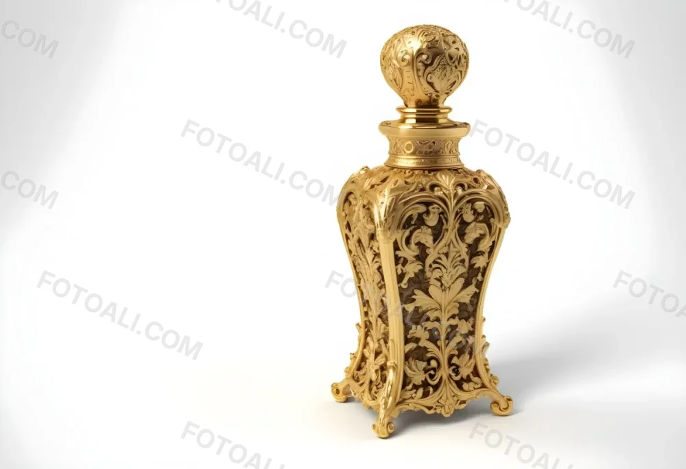 A Golden Ornate Perfume Bottle With An Intricate Floral Pattern 66 Cf2e
