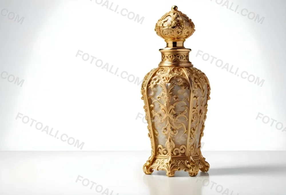 A Golden Ornate Perfume Bottle With An Intricate Floral Pattern 7 A5ac