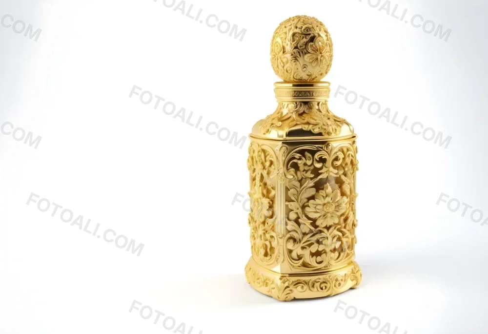 A Golden Ornate Perfume Bottle With An Intricate Floral Pattern 71 3d77