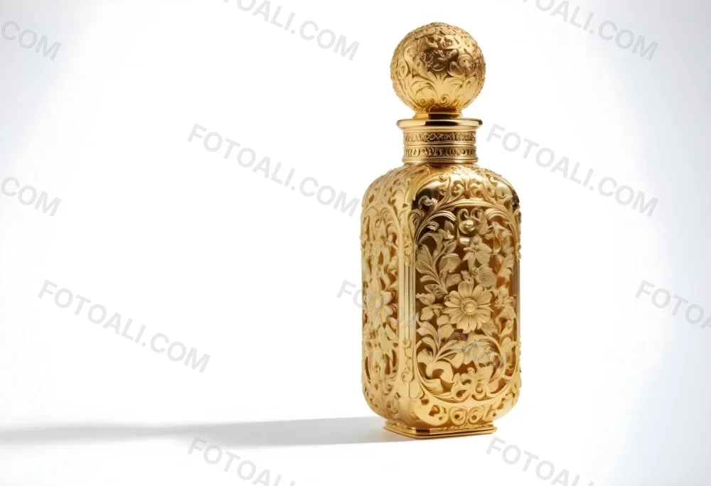 A Golden Ornate Perfume Bottle With An Intricate Floral Pattern 72 Af40