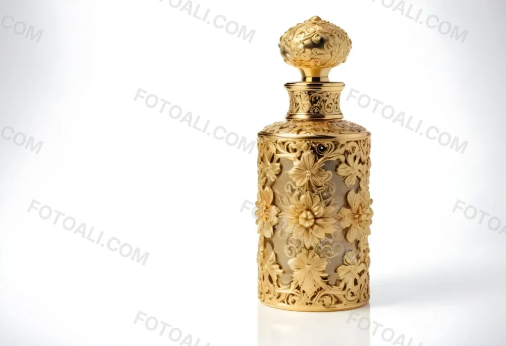 A Golden Ornate Perfume Bottle With An Intricate Floral Pattern 73 57da