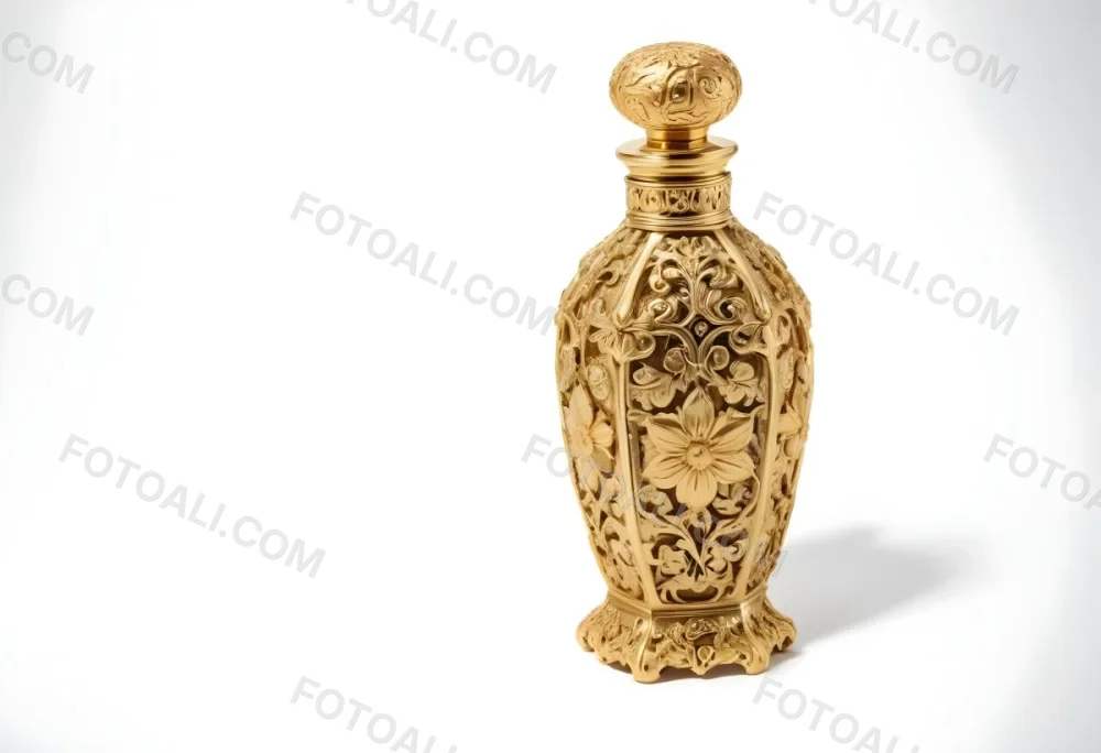 A Golden Ornate Perfume Bottle With An Intricate Floral Pattern 74 09d8