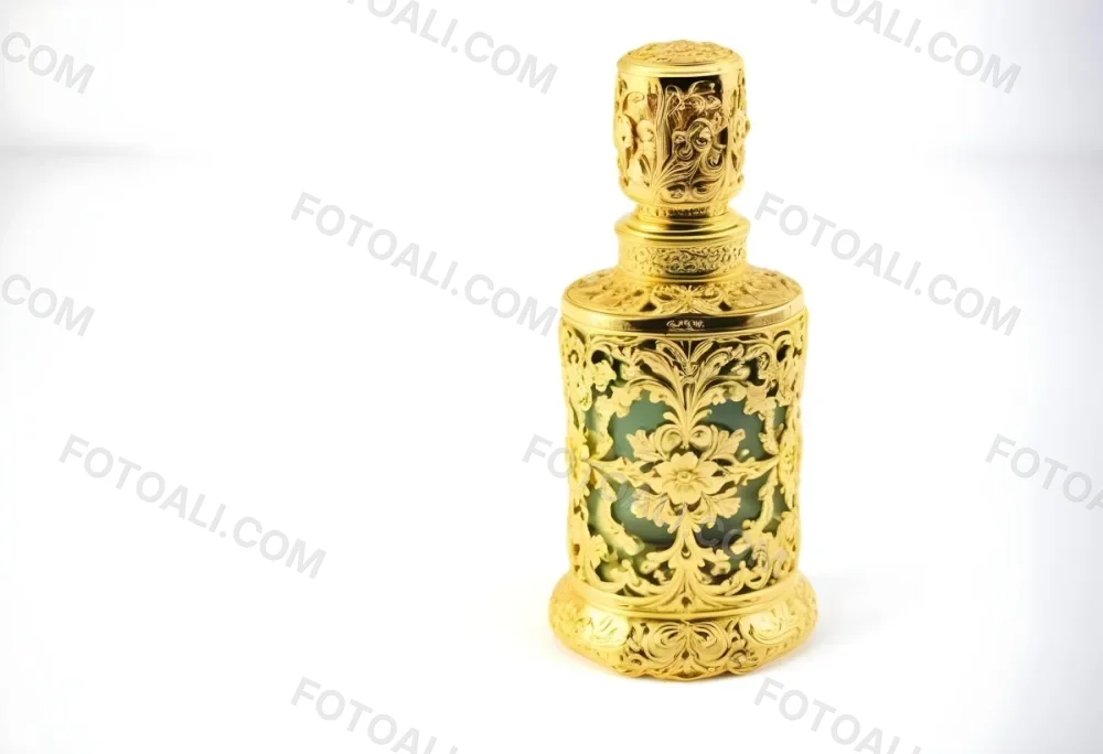 A Golden Ornate Perfume Bottle With An Intricate Floral Pattern 76 D306