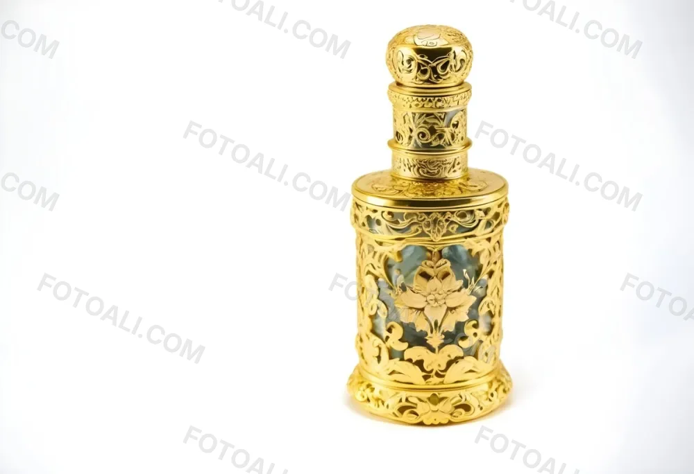 A Golden Ornate Perfume Bottle With An Intricate Floral Pattern 78 5f3c